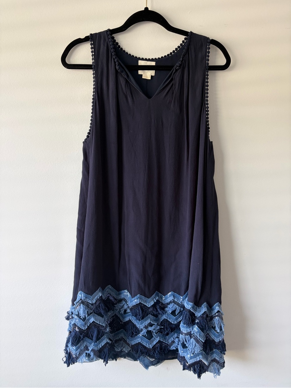 Maeve Anthropologie Navy Blue Fringe Sequin Shift Dress Size 8 Boho